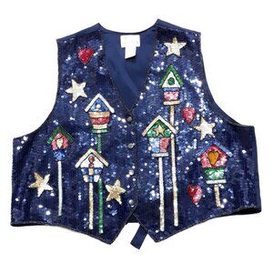 Quacker Factory Women's Vest Sequins Bird Houses Navy 1X
